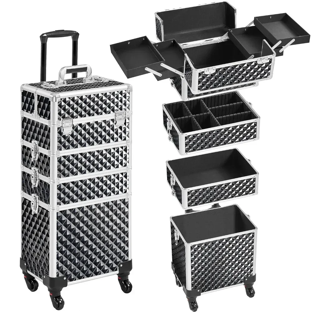 Train Case 4 in 1 Cosmetic Trolley Nail Tech Travel Case Rolling Makeup Organizer Salon Barber Case with Wheels Hairstylist