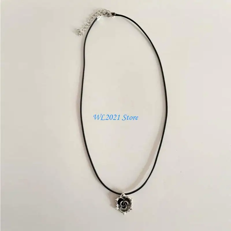 

G5GC Adjustable Rose Clavicle Chain Flower Shaped Pendant Necklaces Black Rope Neckchain Elegant Choker Accessories