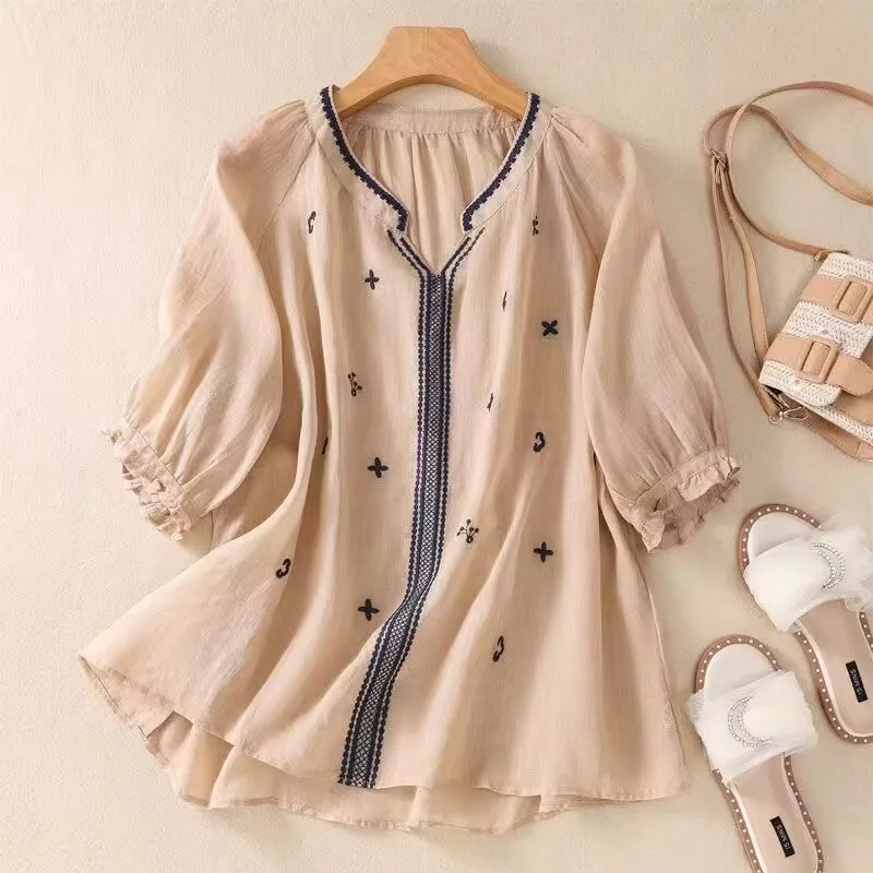 

Women's Cotton Linen Shirt Embroidered Blouses Summer