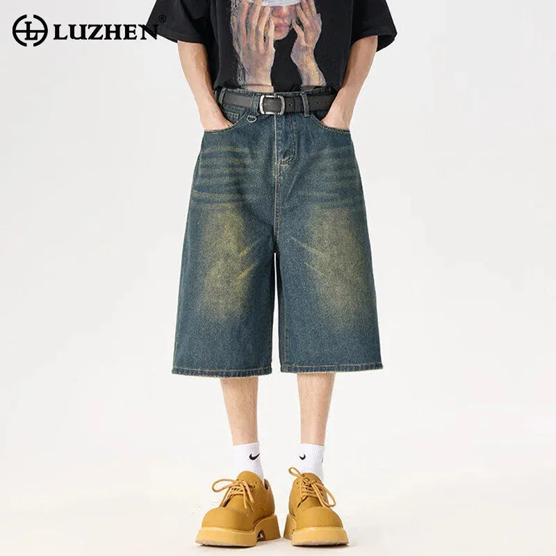 

LUZHEN 2025 Summer New Vintage Gradient Washed Straight Denim Cropped Trousers Men's Fashion Simple Casual Wide Leg Jeans JY2918