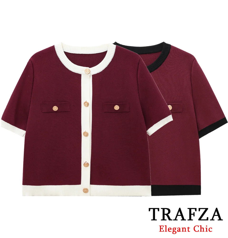 TRAFZA Casual Short-sleeved Knitted Top Women's Contrasting Buttons O-Neck Top New 2024 Spring Autumn Fashion Holiday Cardigan