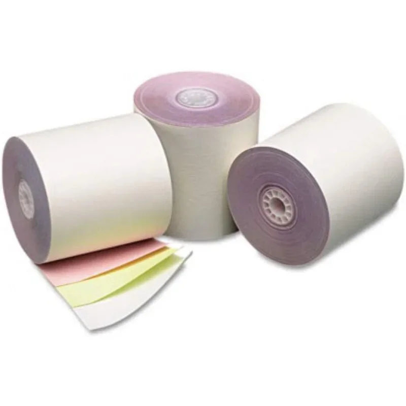 3 x 67' - White/Canary/Pink Carbonless Receipt Roll Paper - Three-Ply - 50 Rolls - USA Made