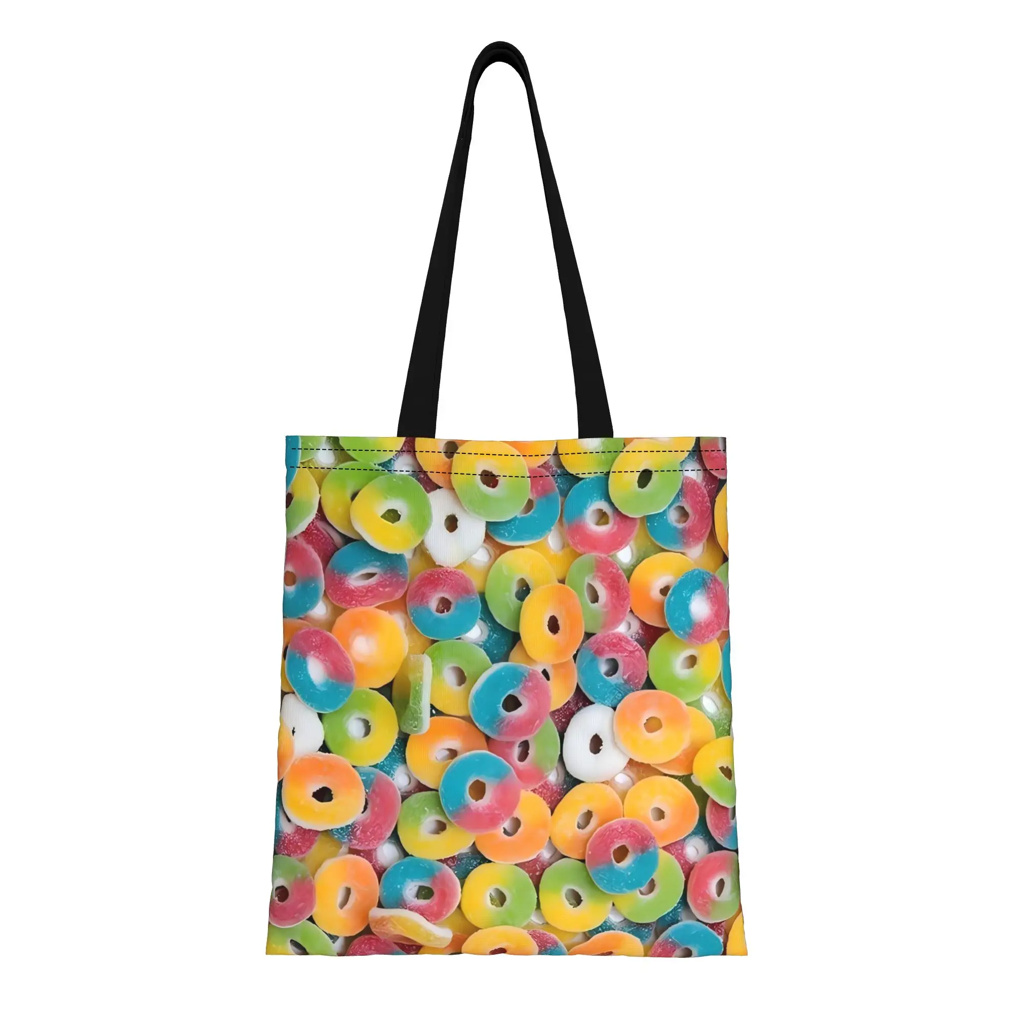 

Colorful Ring Shaped Gummy Candy Full Spread Food Canvas Tote Bag Perfect for Travel Women's Top-Handle Bags