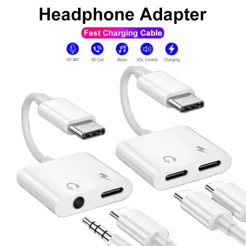 2-in-1 USB C to 3.5mm & PD Fast Charging Adapter, Dual Audio/Charge Port - Compatible for Samsung/ for Xiaomi/ for Huawei