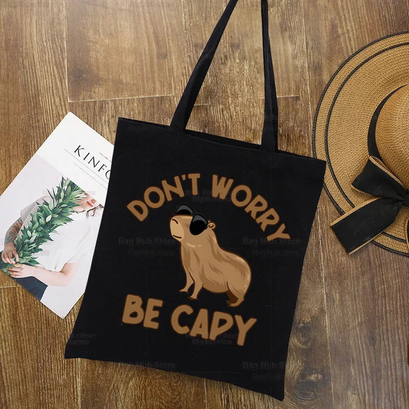 Capybara Funny Cartoon Black Design Shoulder Canvas Bags Harajuku Cute Animal Capybaras Handbag Capibara Women Bag Shopping Bag