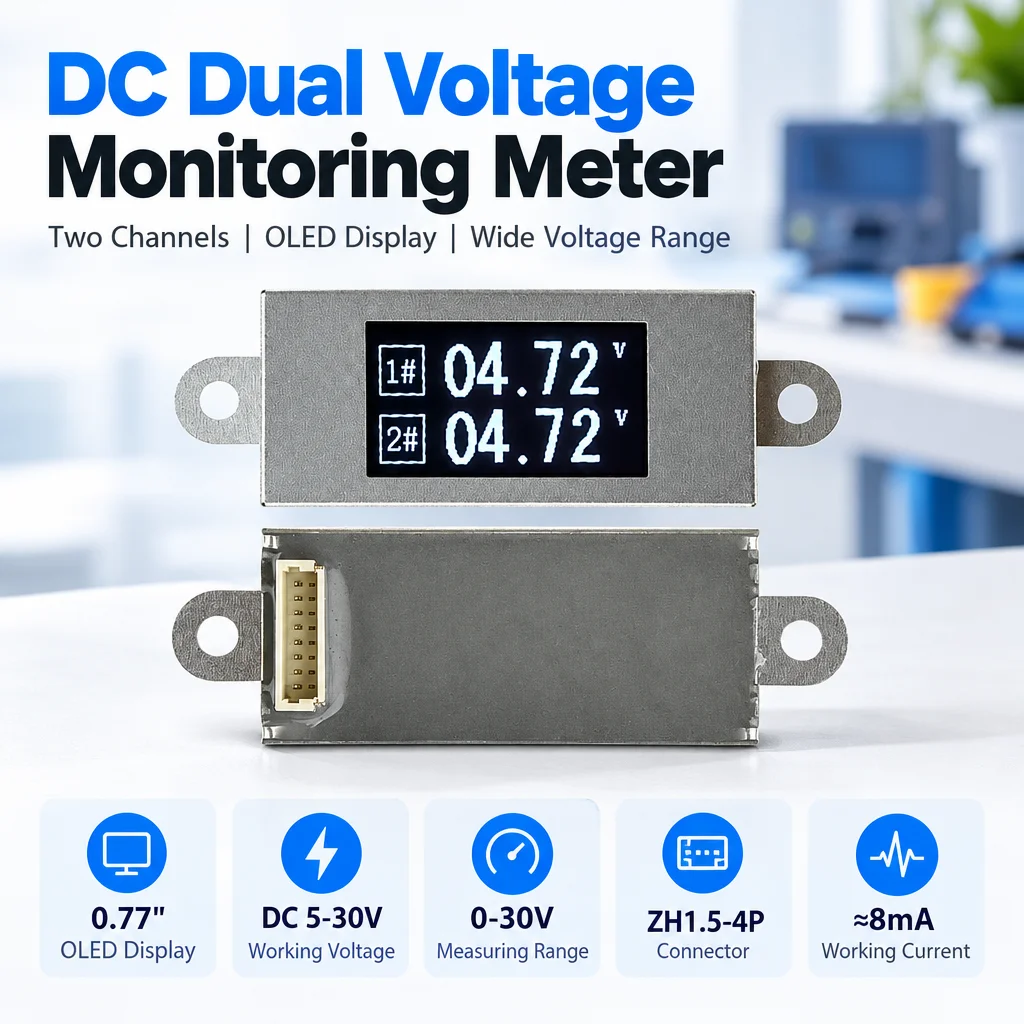 DC Dual Voltage Monitor 0.77 Inch OLED Screen 0-30V Voltmeter Stainless Steel Shell ZH1.5 4P Connector Separate Power Supply