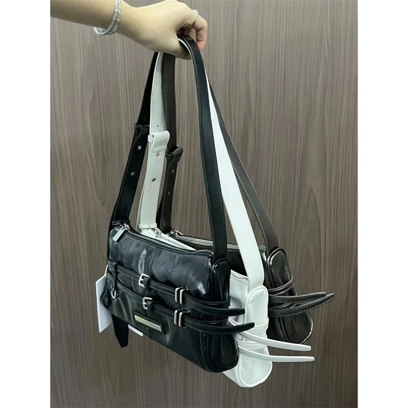 

Chic Motorcycle Bag Women's Double Belt Dstring Underarm Bag Sli Korean Folded PU Leather Single oulder Bag