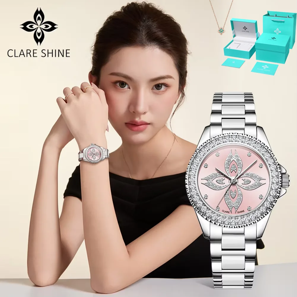 CLARE SHINE Women's Quartz Watches Elegant Luxury Diamond Bezel Ceramics Strap Waterproof Ladies Dress Wristwatch Necklace Sets