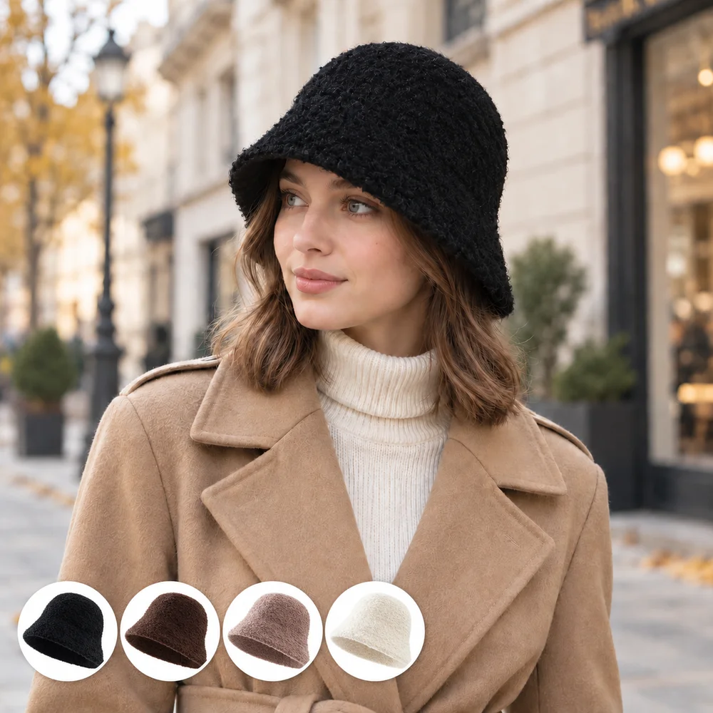 Women Fuzzy Knitted Bucket Hat Soft Warm Asymmetric Brim Cloche Cap Casual Autumn Winter Outdoor Headwear