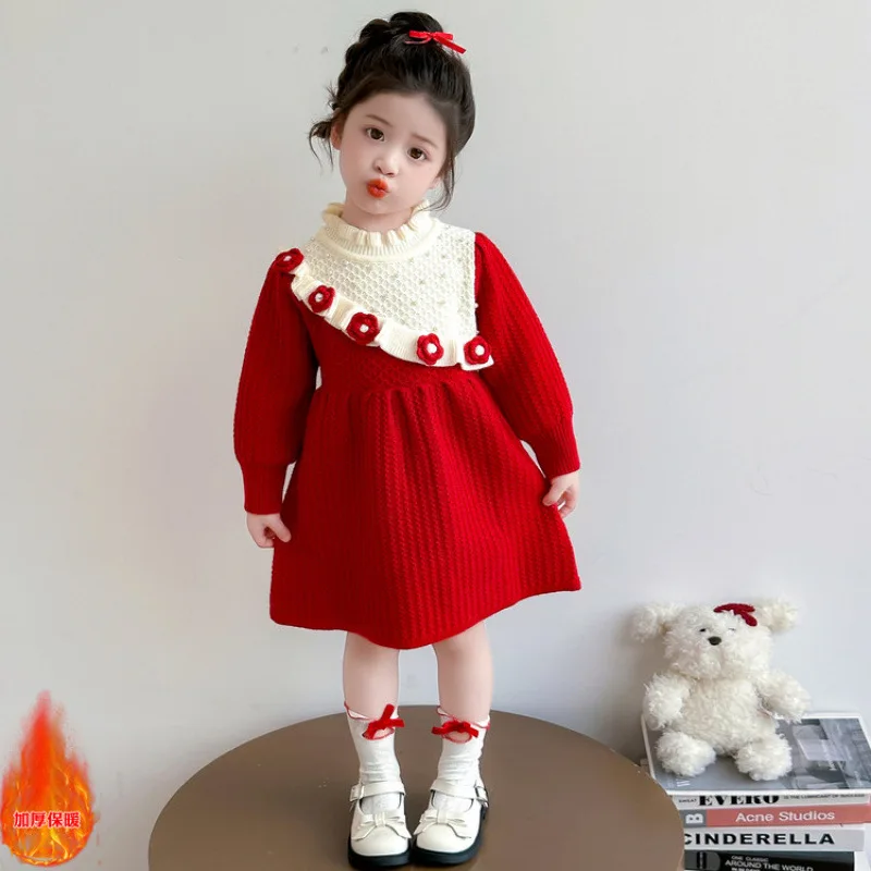 

Girls' Knitted Sweater Dress2025New Stylish One-Year-Old Girl Baby Flower Dress Trendy