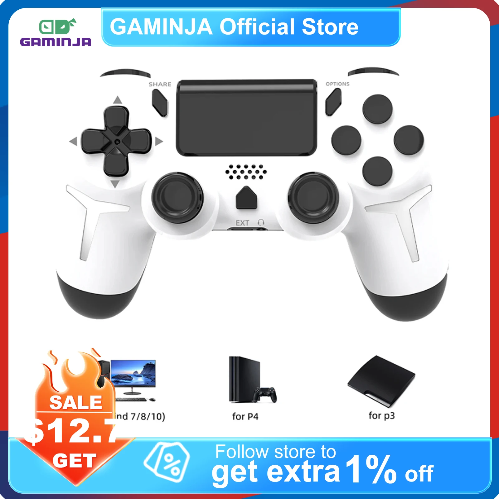 GAMINJA Wireless Gamepad Bluetooth Controller For PS4 PS3 Console Computer PC Joystick 6-axis Gyroscope Dual Vibration touch pad