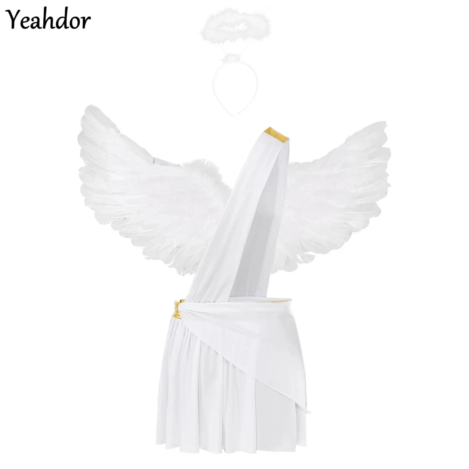 

Men Ancient Greek God Gladiator Costume One Shoulder Strap Skirt with Feather Angel Wing Roman King Prince Toga Robe Gown Outfit