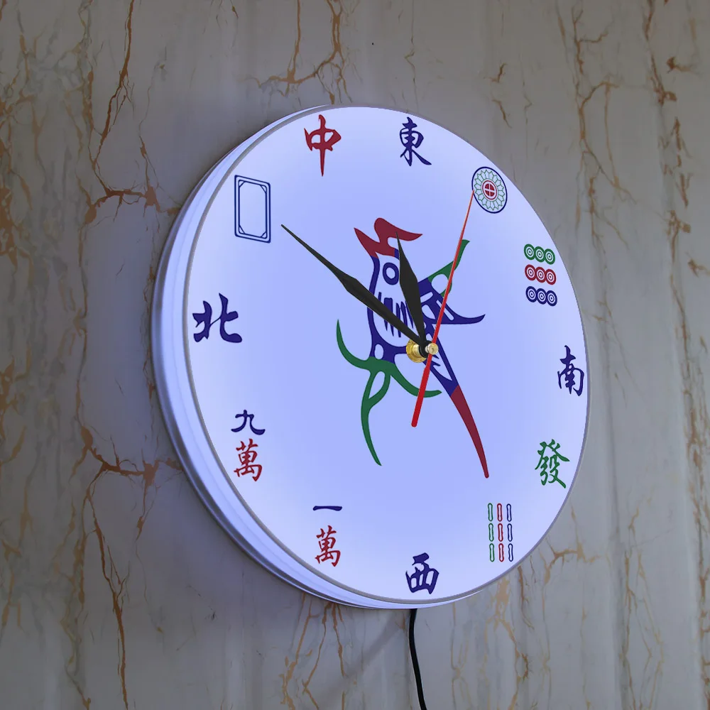 Thirteen Orphans Mahjong Print Wall Clock With LED Backlit Playroom Decor Mah-jong Touhaiden Card Wall Sign Night Light Clock