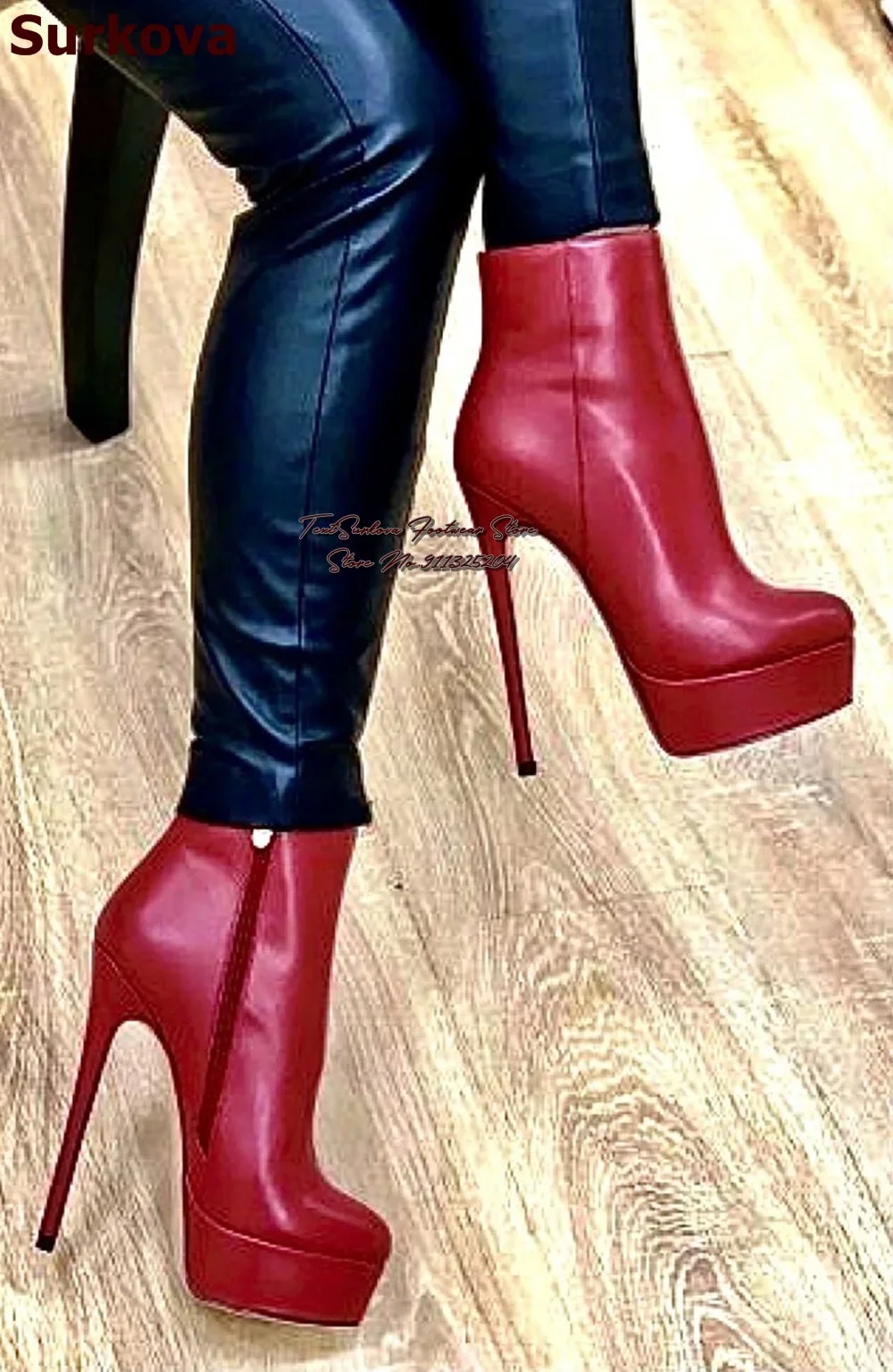 

Surkova, красные, черные матовые кожаные ботильоны, мотоциклетные ботинки на платформе и тонком высоком каблуке, осенне-зимние модельные туфли на молнии, размер 46