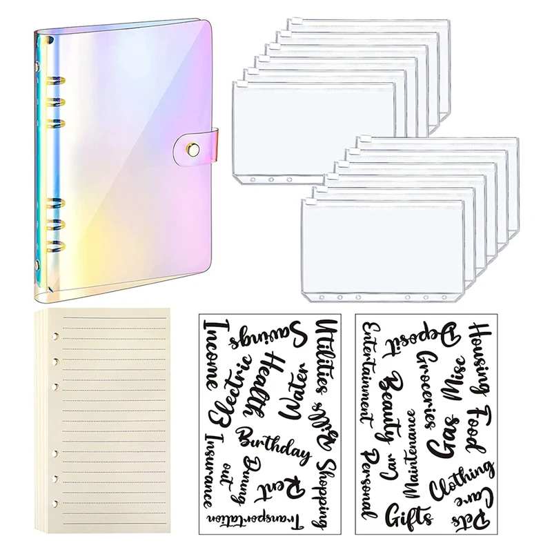 A6 Budget Planner Binder Organizer Soft PVC Notebook Binder Cover With 12 Pieces Binder Pockets (Rainbow Style)