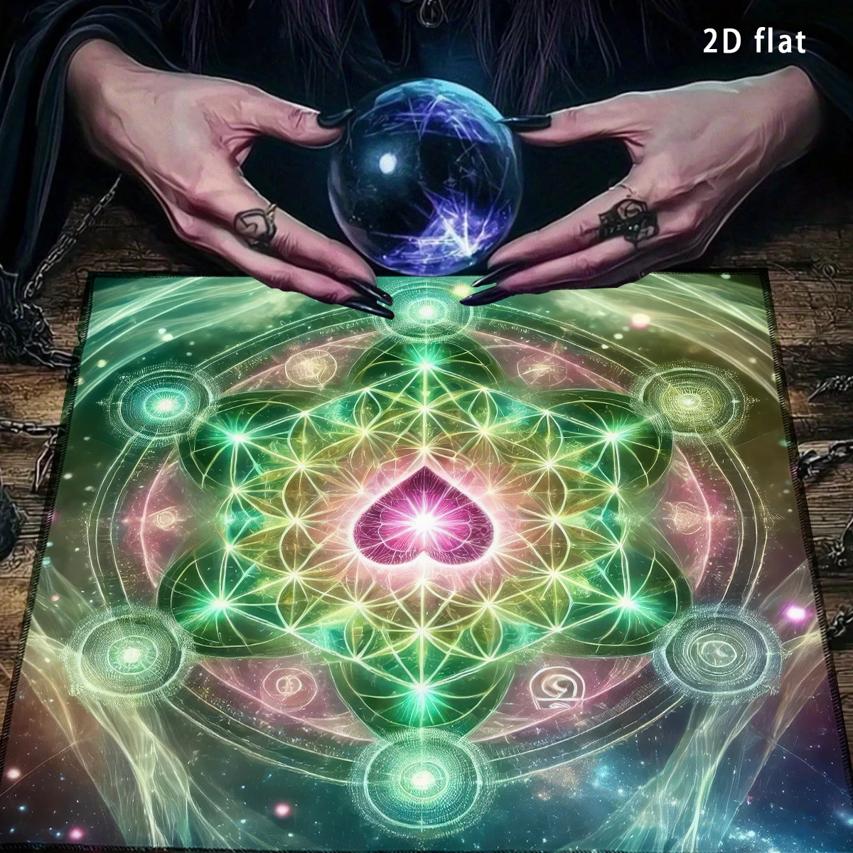 Tarot Tablecloth Spiritual Art Pink Purple Heart Divination Altar Cloth With Green & Blue-green Light Flower of Life Tarot Cloth