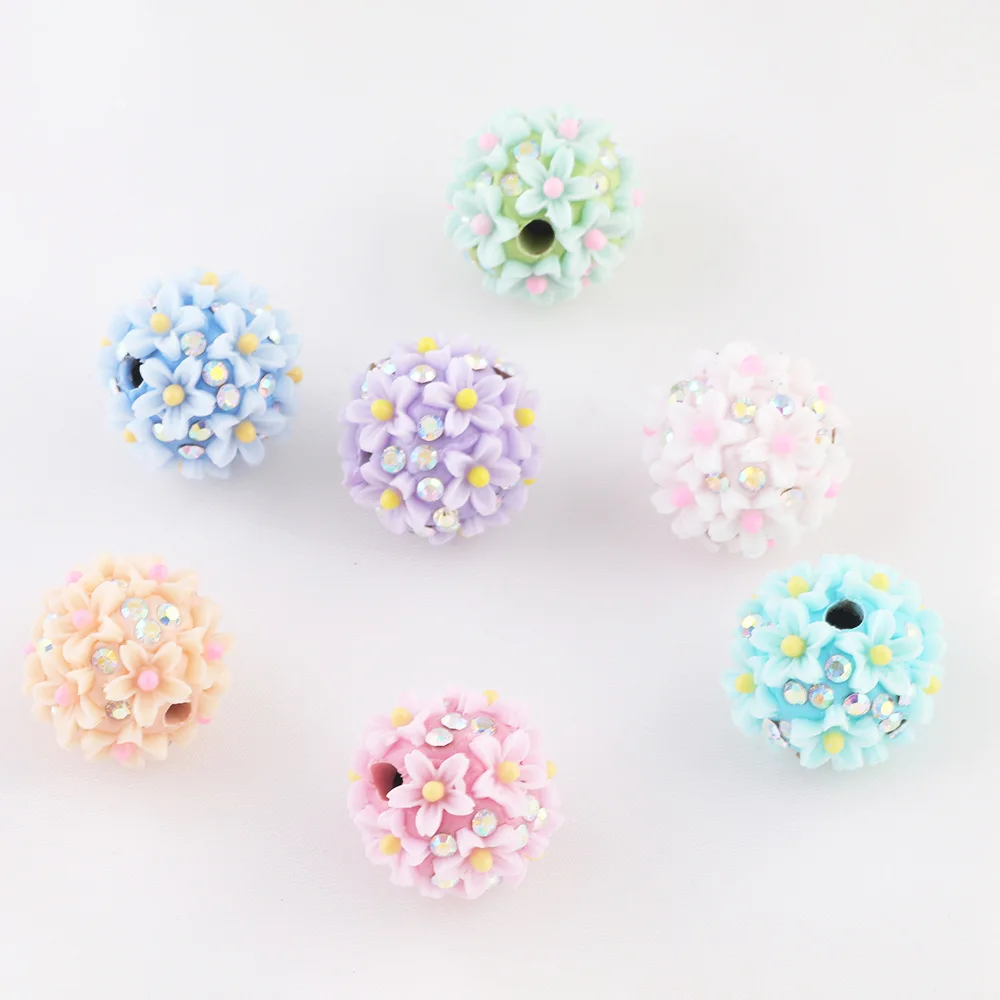 

Fresh New Resin Flowers AB Crystal Rhinestones Paved Round Floral Jewelry Beads Fit Bracelet Necklace Pen Making 18mm 15pcs