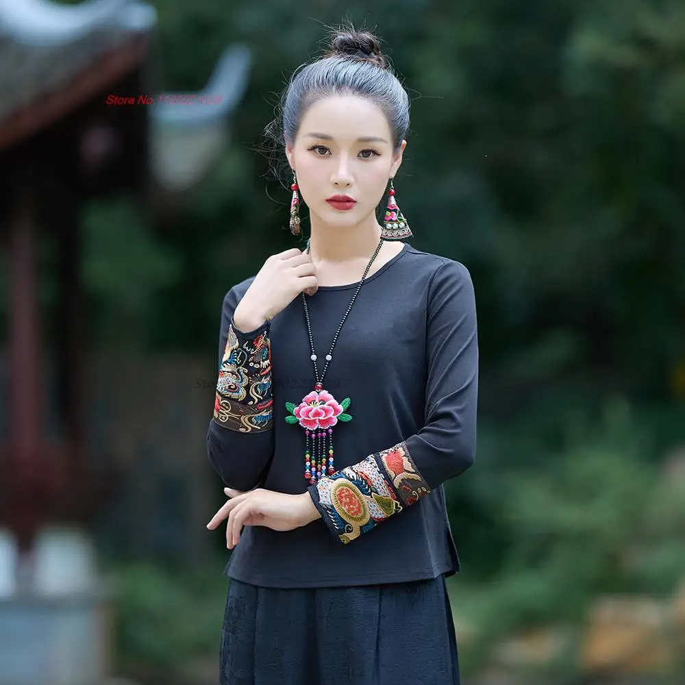 2025 chinese women traditional t-shirt national flower embroidery o-neck shirt retro vintage base shirt improved hanfu tops