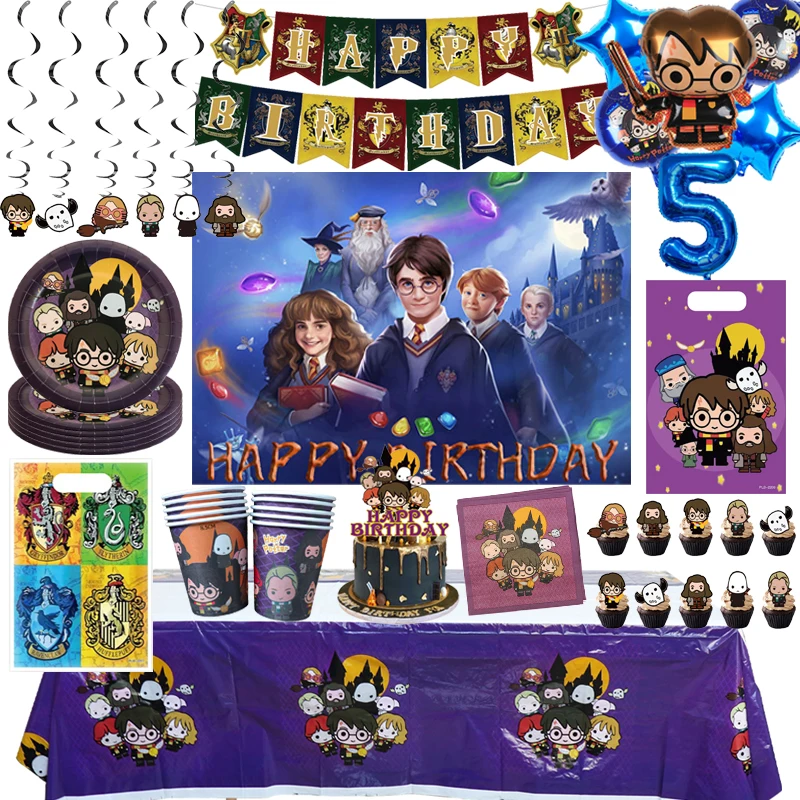 Décorations de fête d'anniversaire Harry Potter, vaisselle, gobelets, assiettes, nappes, décorations de gâteau, sacs cadeaux, toile de fond, fournitures pour enfants et baby shower