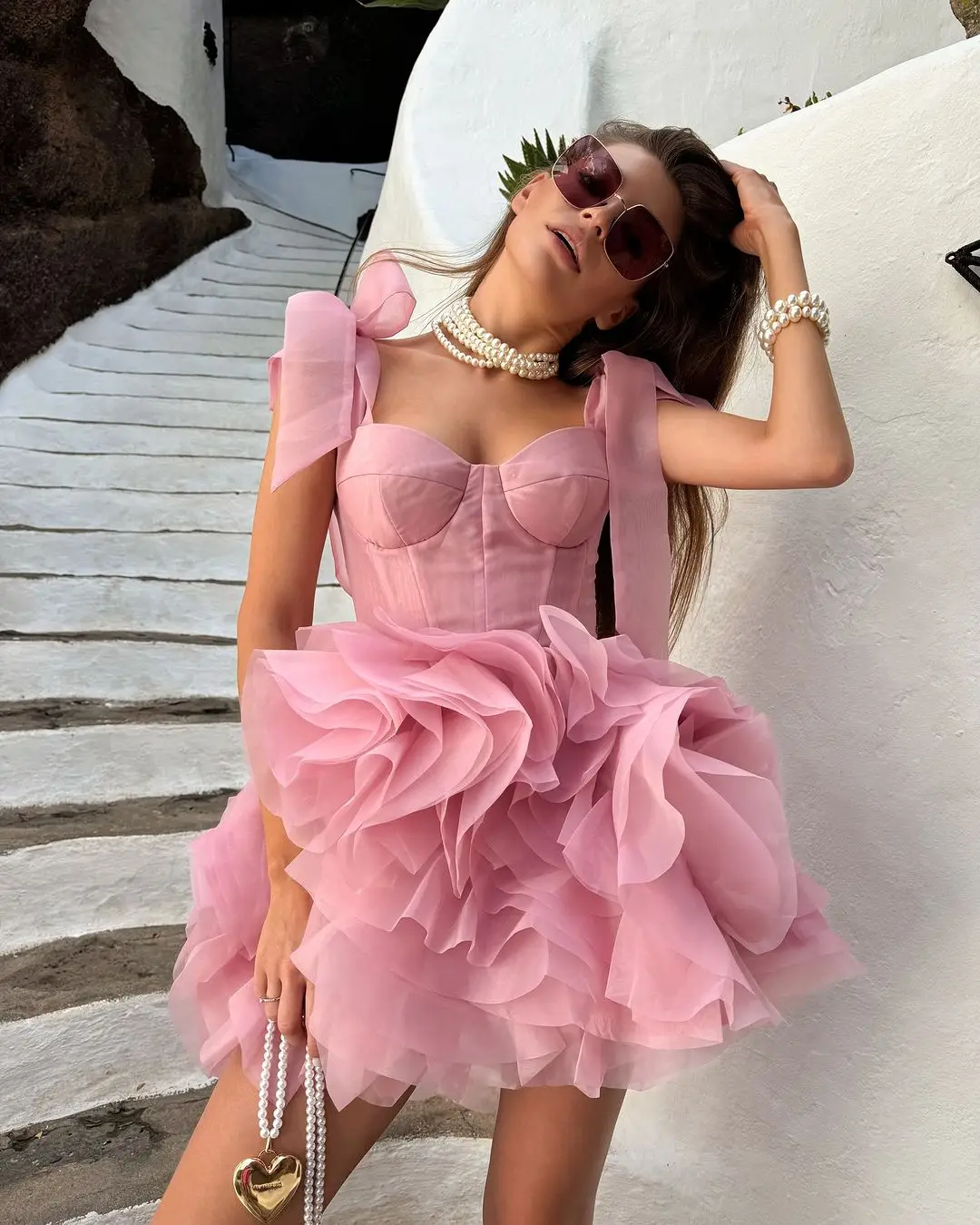 Robes de soirée Trendy Pink Prom Short Dress 2024 New Ruffled Organza Above Knee Birthday Party Dresses Sleeveless Cocktail Gown