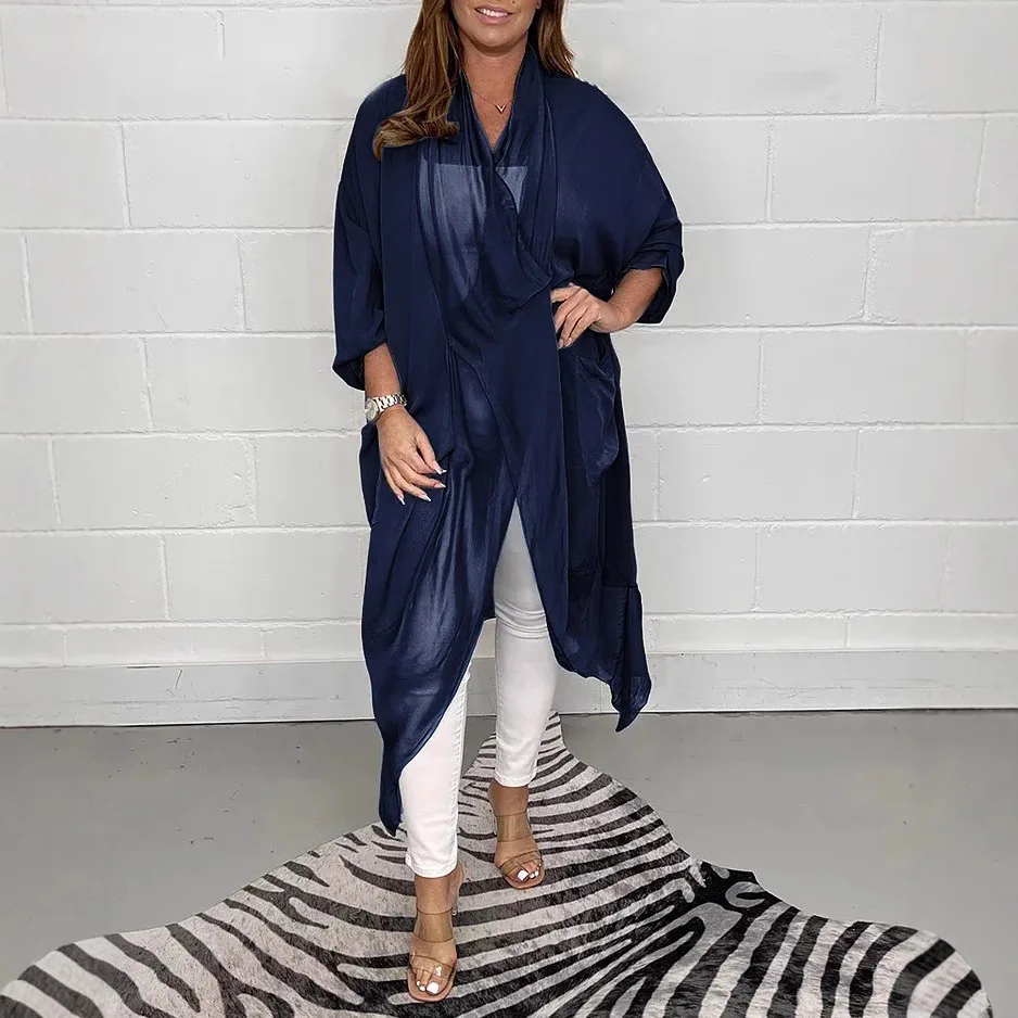 Spring And Summer New Fashionable Versatile And Thin Silk Loose V-neck Design Sense Solid Color Large Version Top