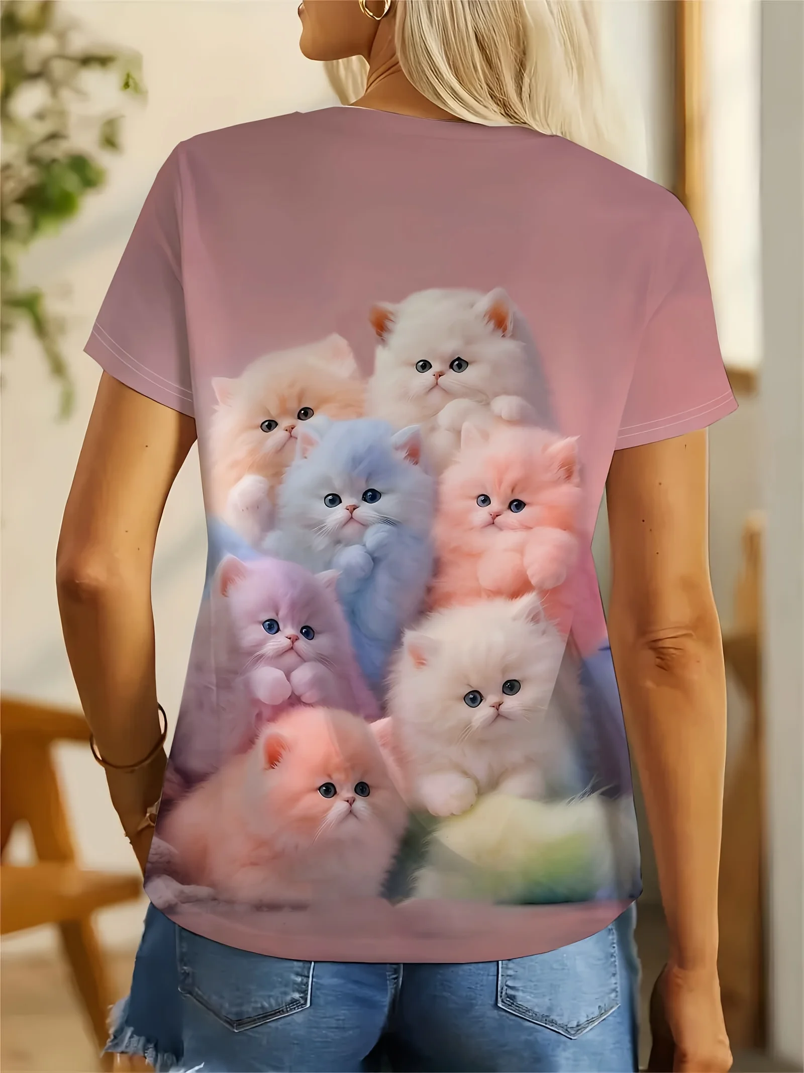 Women Crew Neck Short Sleeve T‑shirt Colorful Fluffy Kitten Cat Print Pink Background Summer Casual Top