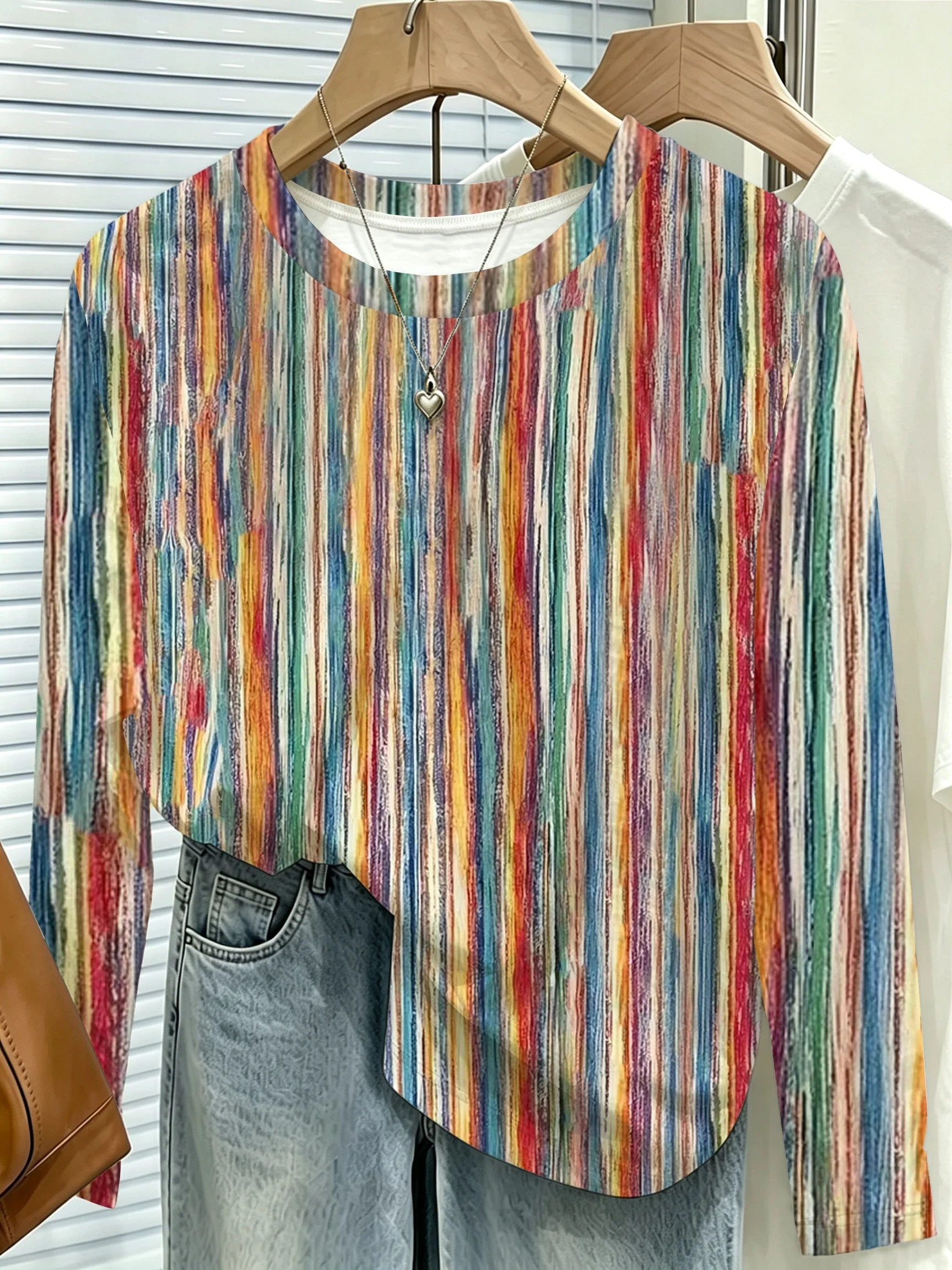 New Women T‑shirt Colorful Vertical Stripe Art Print Crew Neck Long Sleeve Autumn Winter Casual Tee Top Women's Clothes
