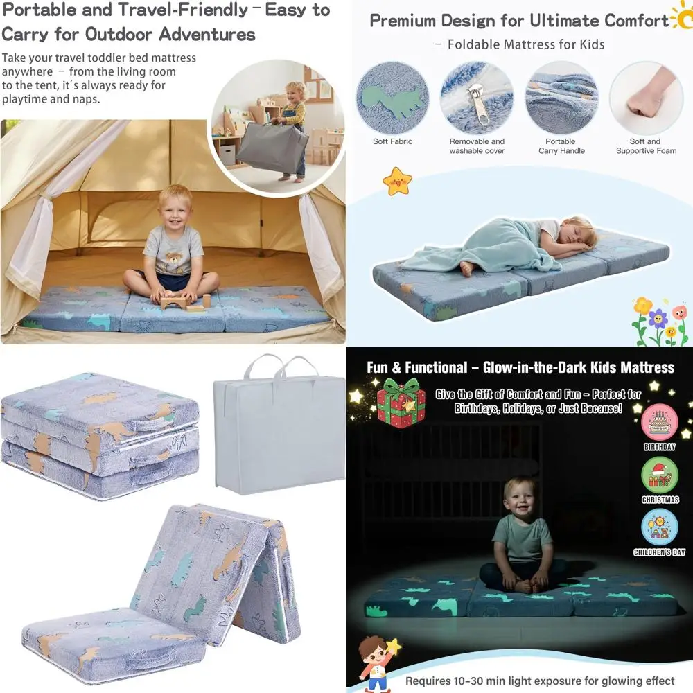 

Portable Dinosaur-Themed Toddler Nap Mat with Glow-in-the-Dark Feature, Storage Bag, Ideal for Travel, Daycare, Camping, and Pla