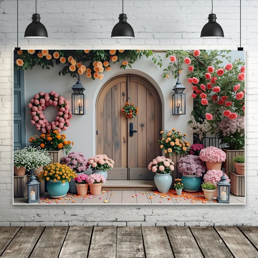 소박한 꽃 집 웨딩 사진 배경 아치 문짝 나무 보드 바닥, 아기 초상화 배경 사진 스튜디오 소품