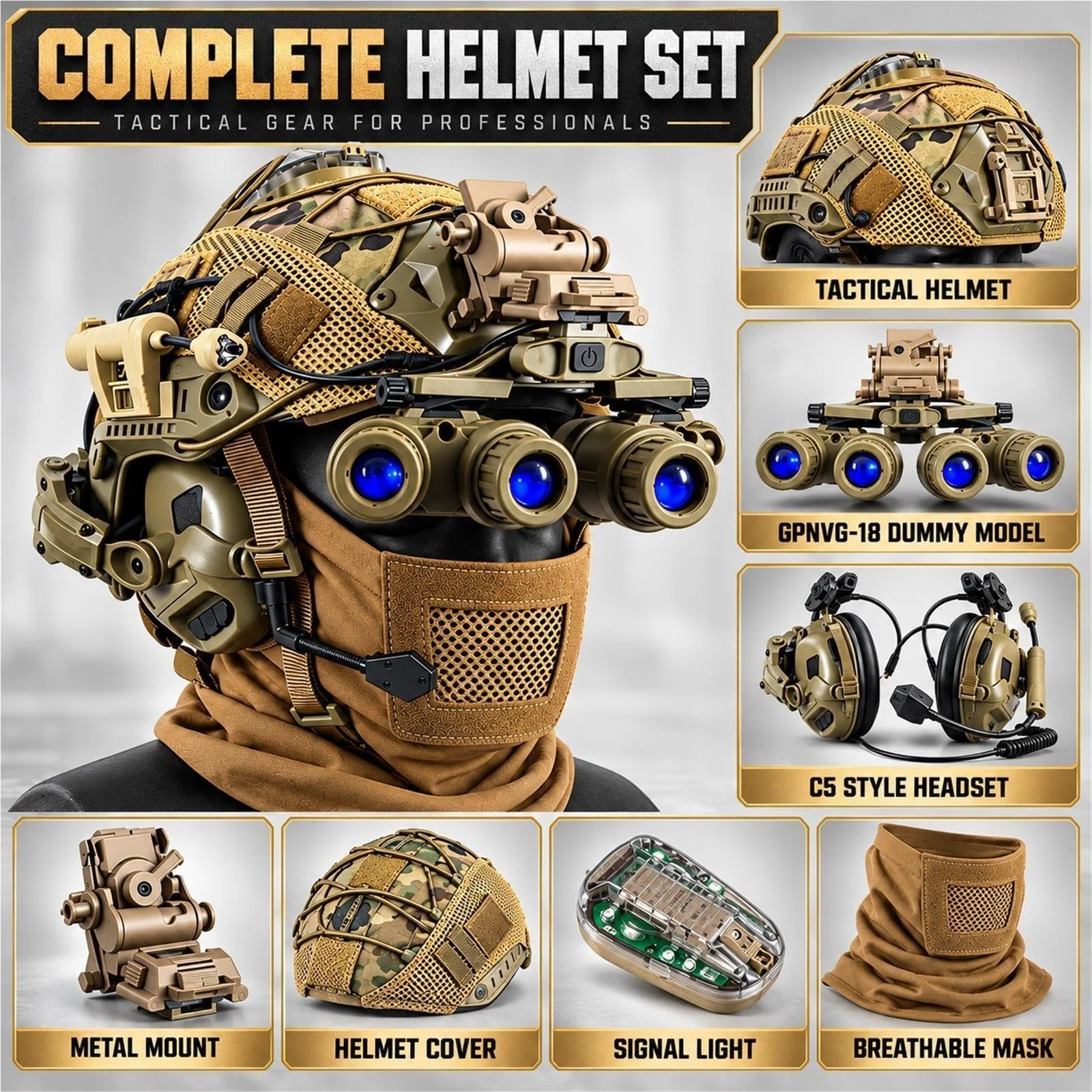Airsoft FAST Helmet Set with Adjustable Fit, GPNVG-18 Dummy NVG, Rail Headset, Metal Mount, Signal Light, Cover & Mesh Mask