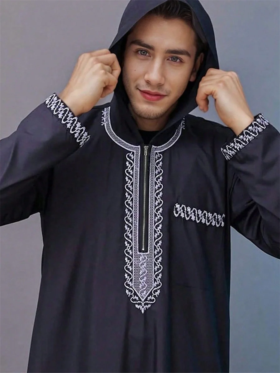 Musulmano Thobe da uomo con cappuccio ricamato Ramadan Robe caftano per uomo Arabia Saudita islamico manica lunga Abaya maschile abito casual ampio