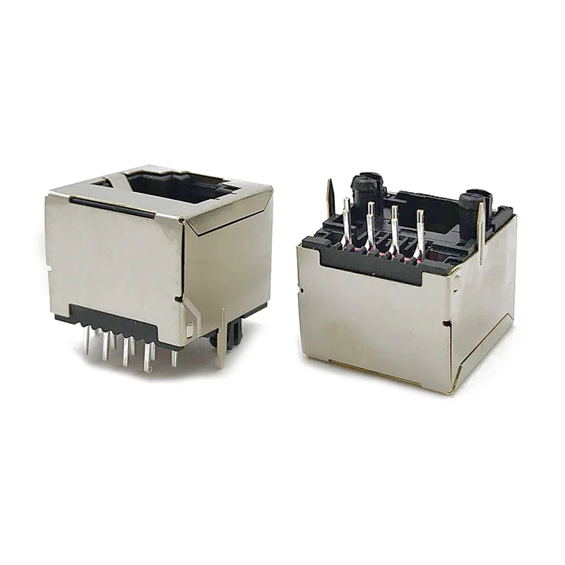 Short body straight-insert RJ45 network interface with shielded cover, 8P8C flat pins, 180-degree PCB plug-in, DIP network port
