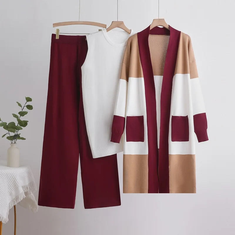 Women Knit Three Piece Pant Sets Long Cardigan Pockets Vests Straight Pants Casual Suits Sweaters Lady Autumn Winter Patchwork