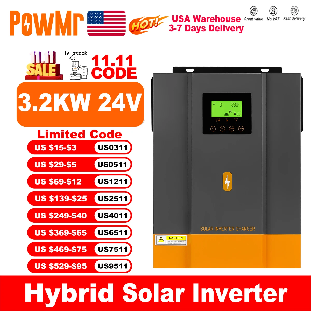 PowMr USA Hybrid Solar Inverters 3.2KVA/3KW 24VDC 230VAC for LifePo4 Battery Max PV 400V Build in 80A MPPT Solar Charge Charger