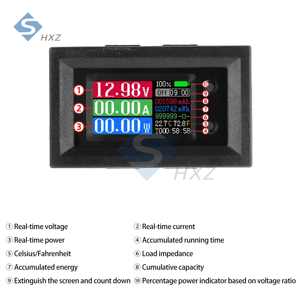 ​ مقياس رقمي متعدد DC4-30V 10A، 9 في 1 LCD الجهد/التيار/الطاقة/المقاومة/اختبار البطارية، مقياس الطاقة للسيارات
