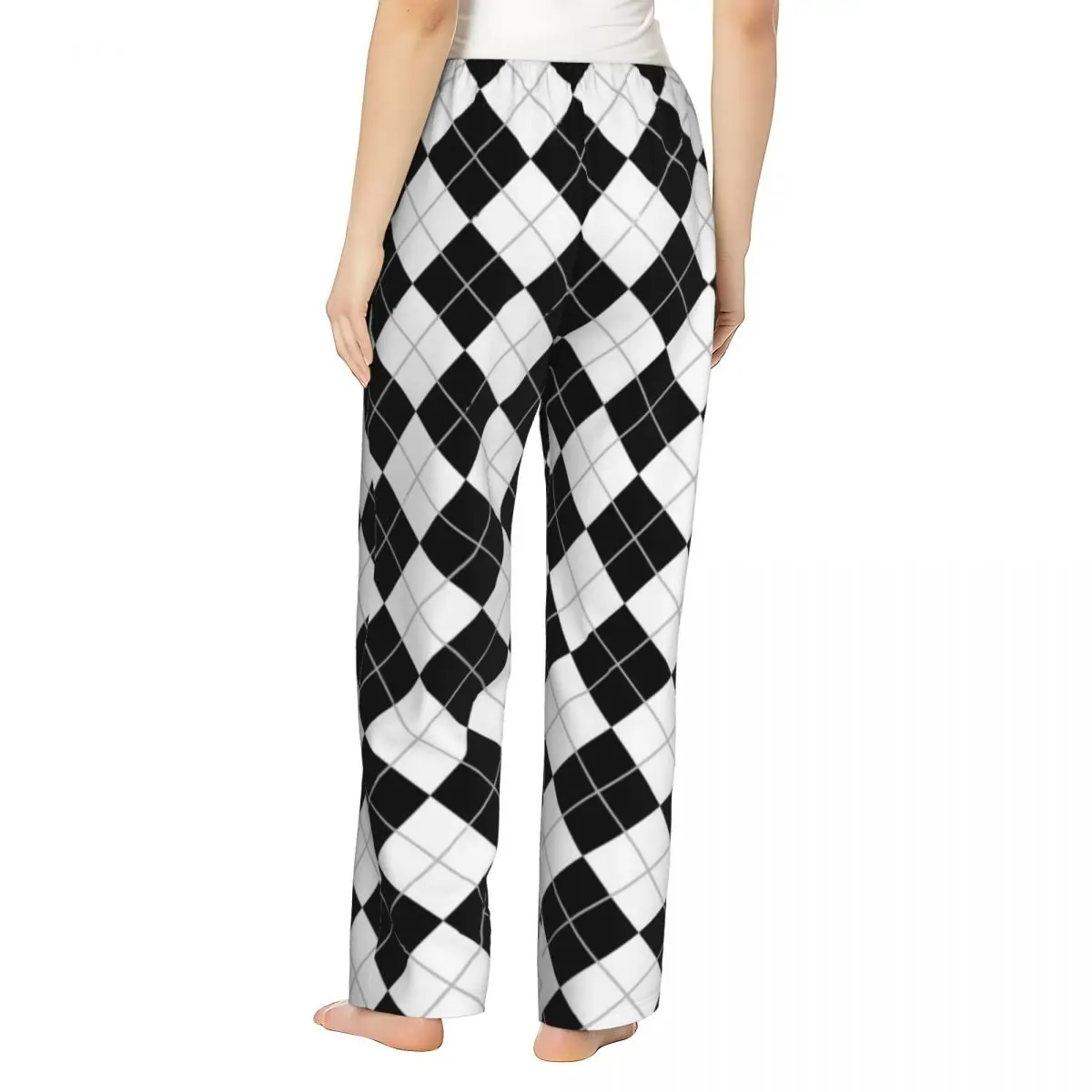 Custom 70s Pattern Retro Black And White Argyle Women Pajama Pants Lounge Sleep Sleepwear Bottoms with Pockets