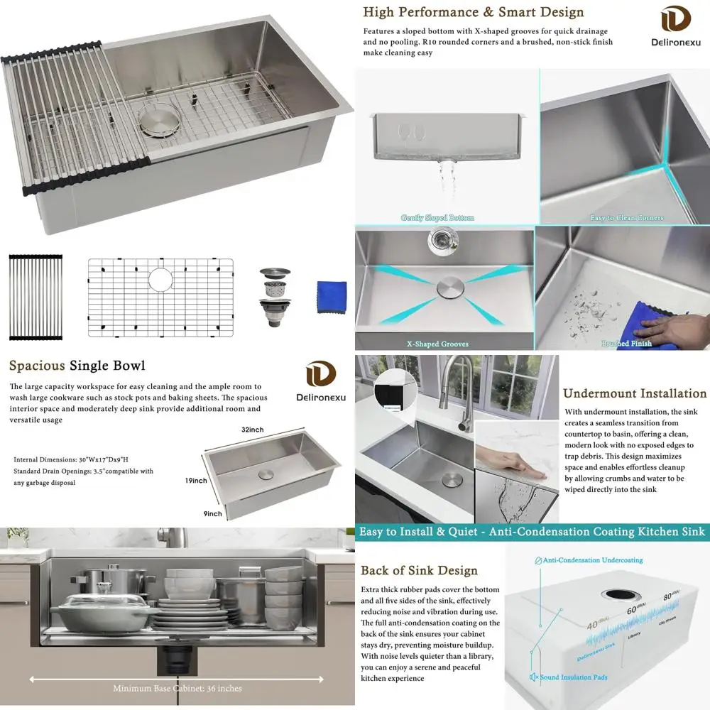 

Stainless Steel 32-inch Single Bowl Undermount Kitchen Sink - 16 Gauge, 32x19 inches, Durable and Stylish for Modern Kitchens