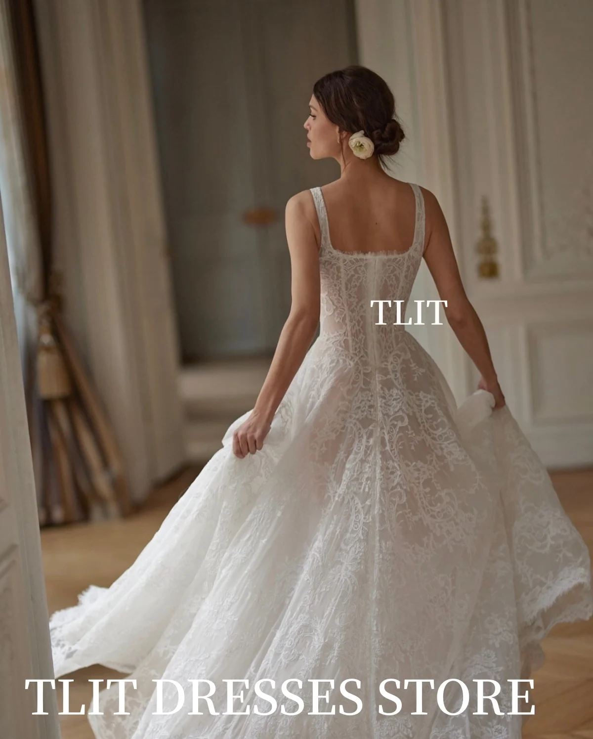 Luksusowe suknie ślubne w kształcie litery A z koronki TLIT, szyte na miarę, bez ramiączek, z odkrytymi ramionami i odkrytymi plecami.