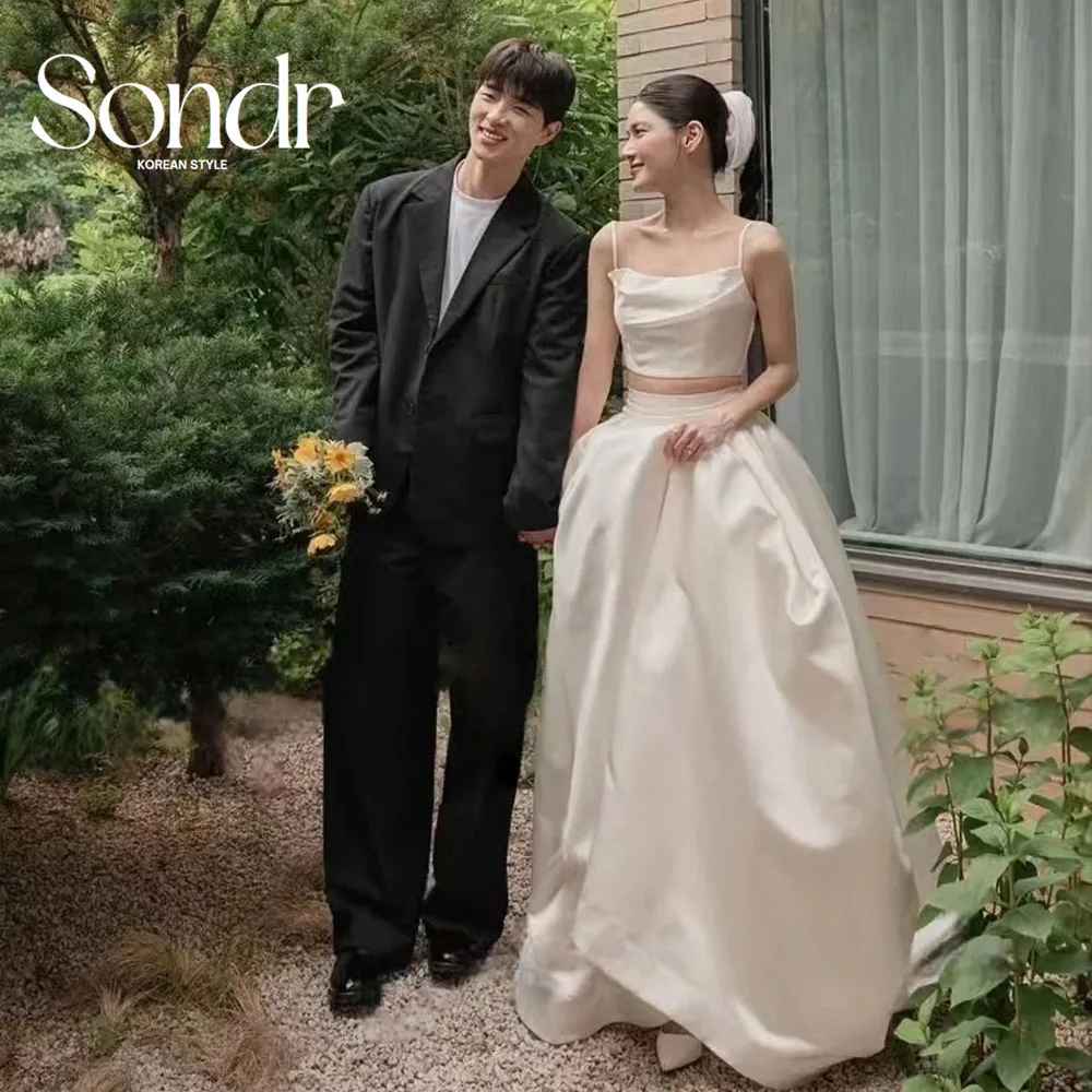 

Sondr Simple 2PCS Wedding Dress Spaghetti Strap Pleat Floor Length Ivory Silk Taffeta Korea Photo Shoot Bridal Gown Customized