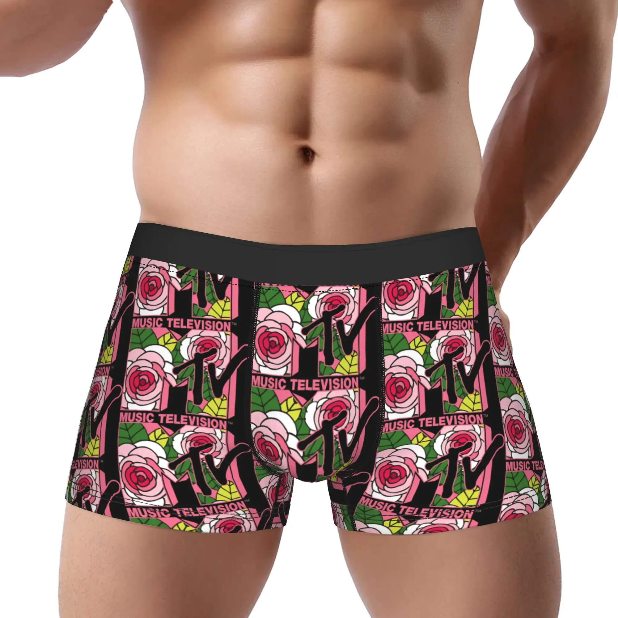 Vintage Pink Roses Stained Glass Retro Pop MTV Underpants Breathbale Panties Man Underwear Comfortable Shorts Boxer Briefs