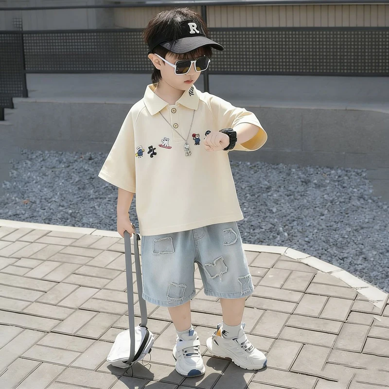IYEAL Boys' Fashion Cute Cartoon Anime Polo Shirt Summer T-shirt+ Shorts Sets New 2026 Children's Boys' Elegant Set