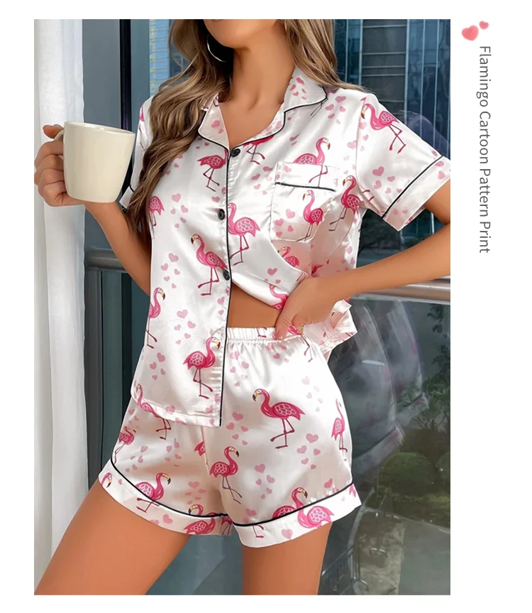 Damen-Pyjama-Set, Herz-Druck, Satin-Pyjama, lässig, kurzärmelig, Reverskragen, Oberteile und Hosen, Nachtwäsche und Loungewear für Erwachsene – Detail 10