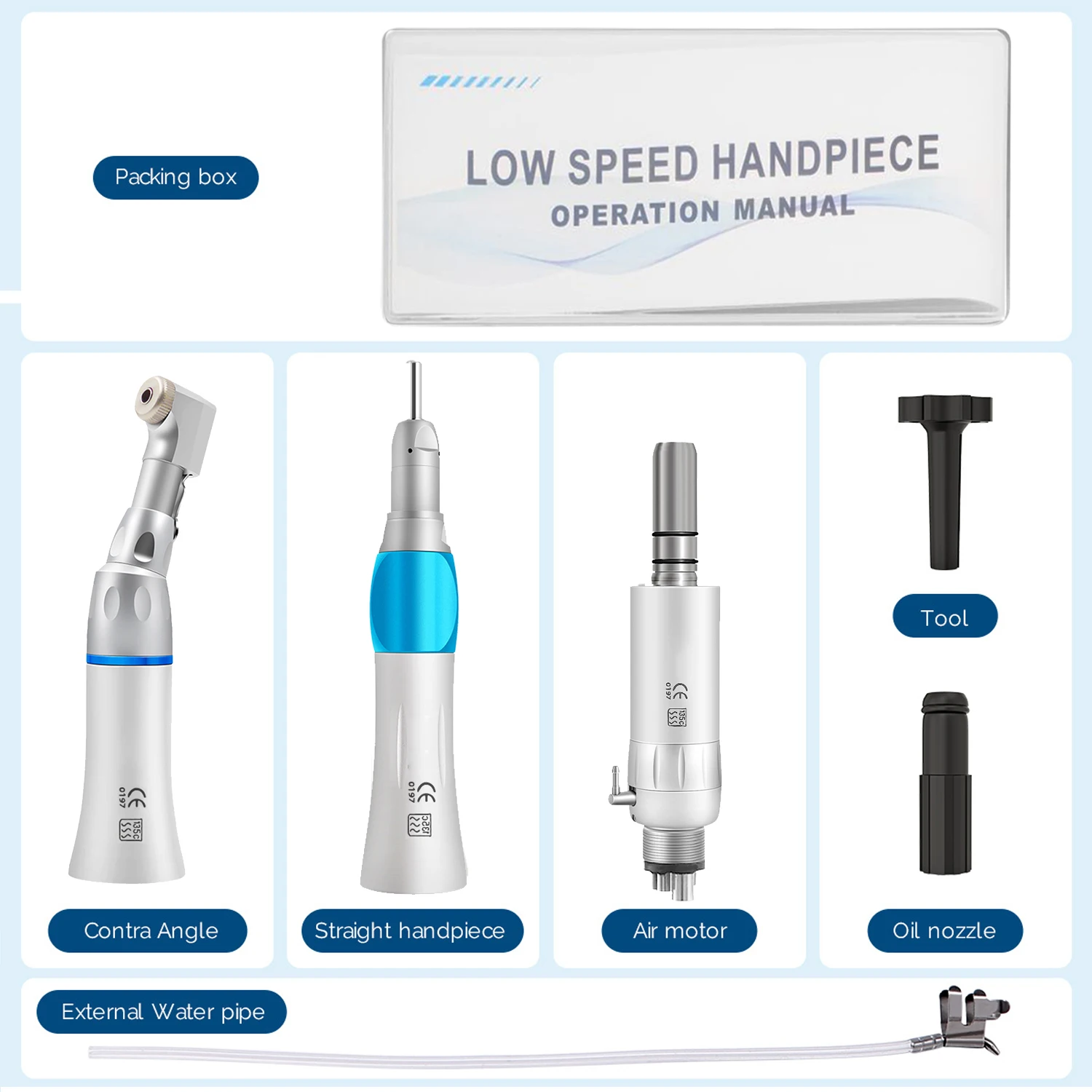 Dental Low Speed Handpiece External Water Spray Contra Angle Straight Handpiece Air Motor 2/4 Holes Dental Handpiece