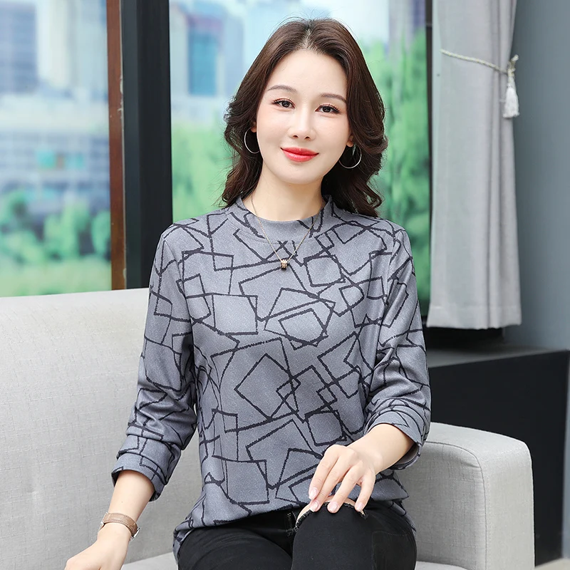 เสื้อยืดคอกลมแขนยาวพิมพ์ลายแฟชั่นสำหรับผู้หญิงวัยกลางคน  ใส่สบายๆ สไตล์ลำลอง  สำหรับฤดูใบไม้ร่วง