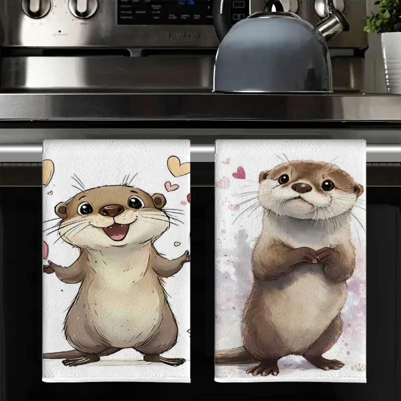2Pcs, Cute Otter Kitchen Towels, 40Cm*60Cm Towel Set, Best Kitchen Towels, Super Absorbent Soft Cleaning Cloth, Cooking and Baking Tea Towels, Hand Towels, Cleaning Cloths, Dishcloths, Kitchen Decor, Living Room Decorations, Kitchen Essentials, Home Essentials
