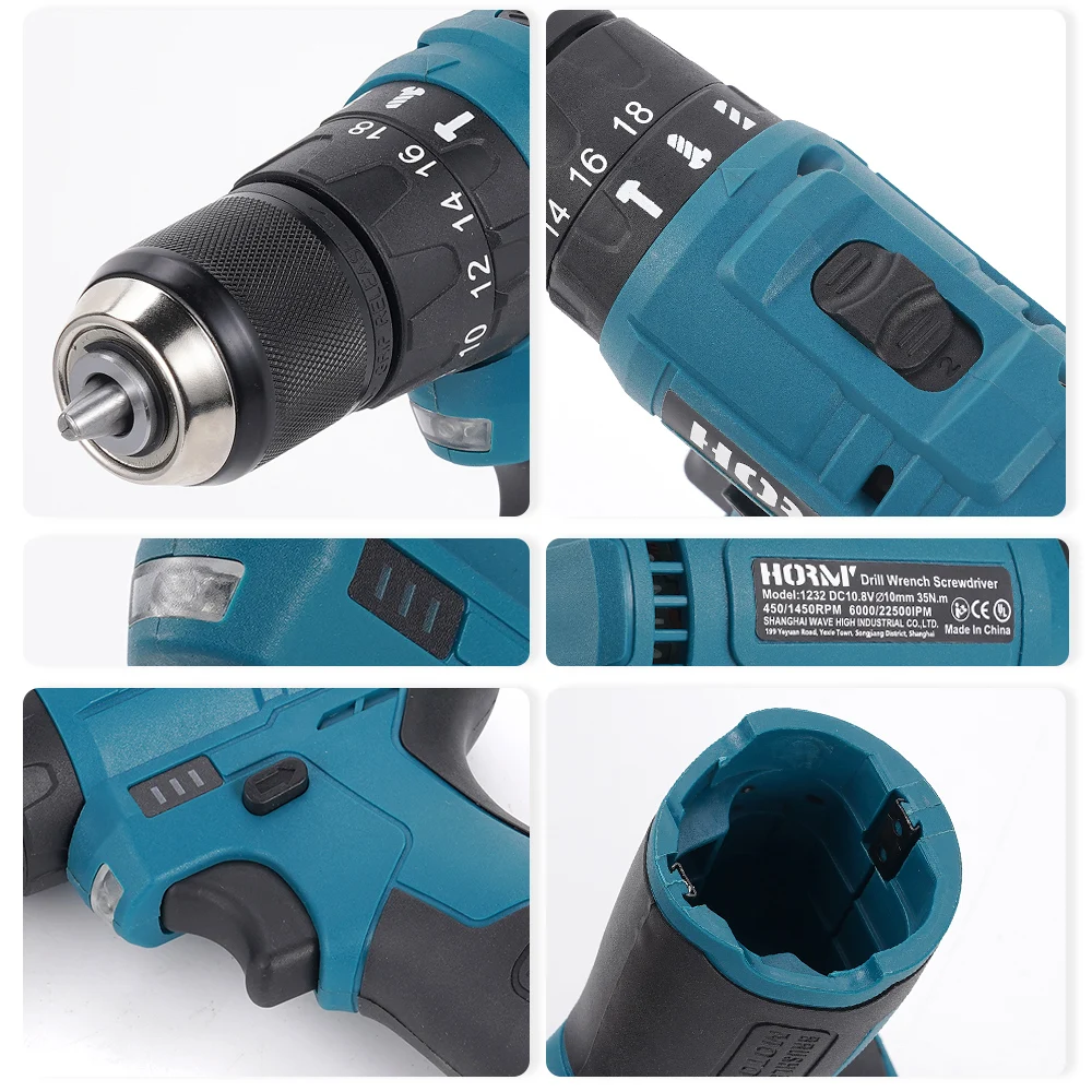 Hormy 10.8v chave de fenda elétrica furadeira elétrica ferramenta elétrica para bateria sem escova motor de alta velocidade para makita broca de percussão