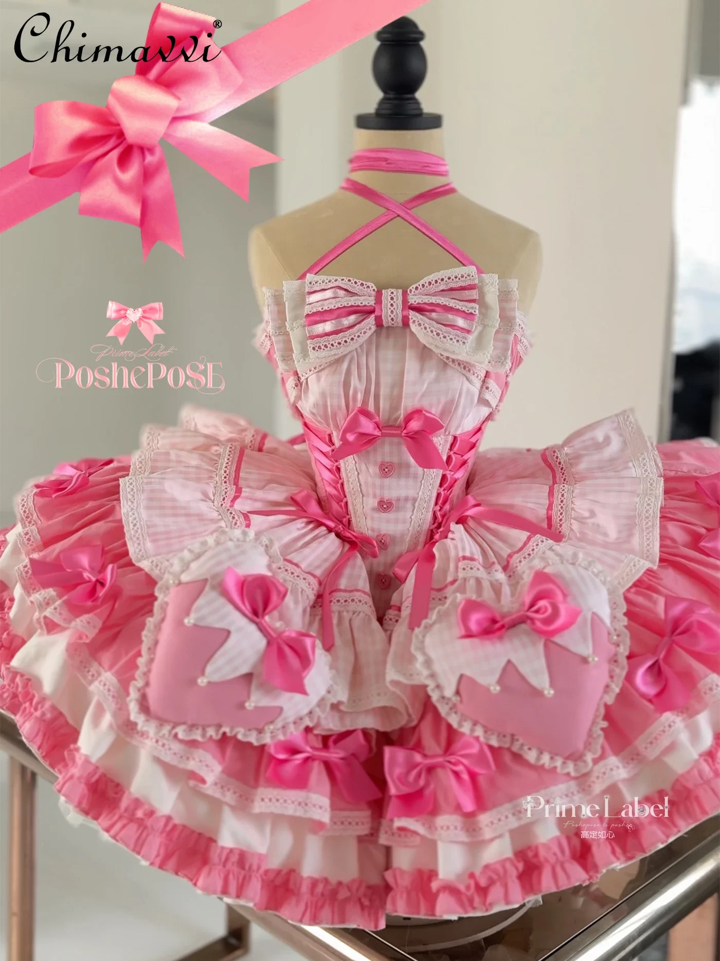 Lolita Style Sexy Girls Sweet Above Knee Dress Women Pink Bow Love Button Plaid Slim Tube Top Party Birthiday Cake Dresses