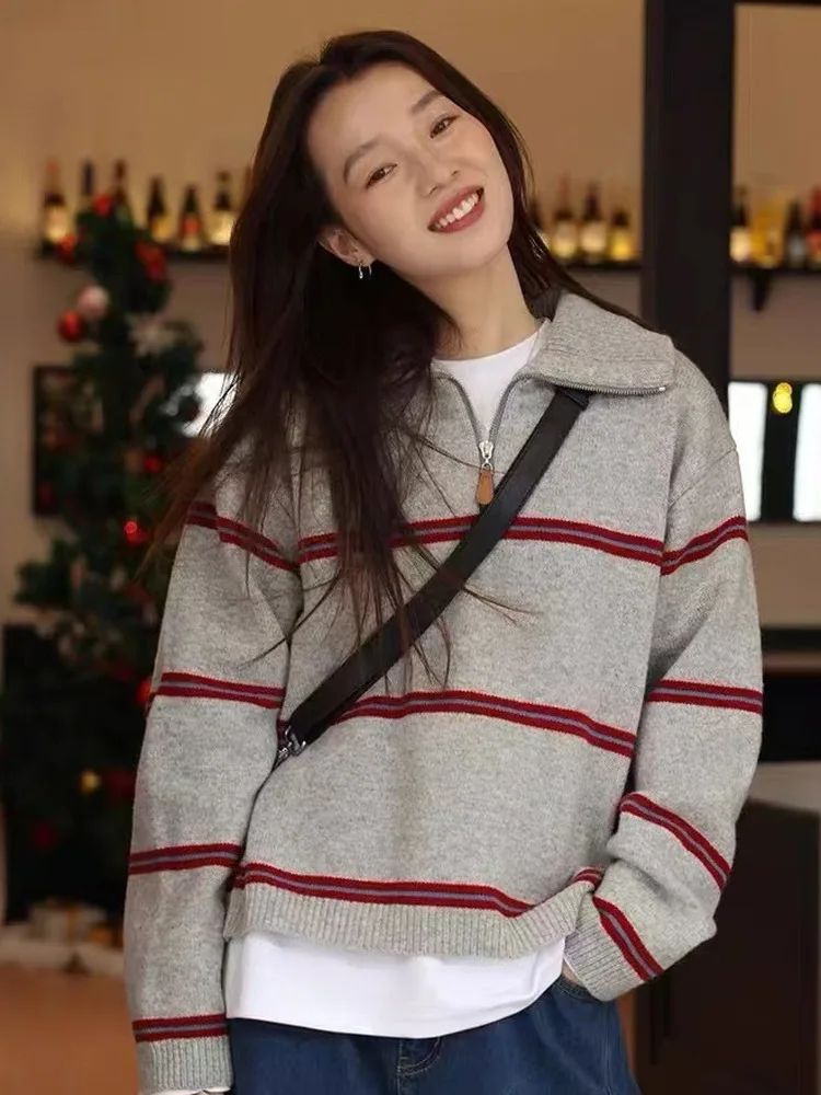 

Autumn Winter Women's Loose Fit Camere Sweater f Zip Knitted Stripe Woolen Base irt Sli Vintage Korean Sle Long ...