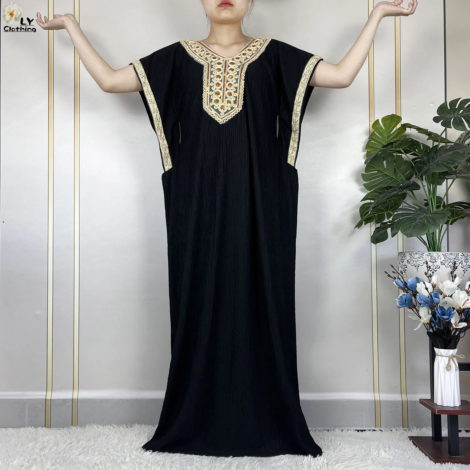 Dubai For Women Loose Casual Clothing Muslim Abayas Femme Short Sleeve Robe 2024 New African Islam Traditional Dresses With Belt