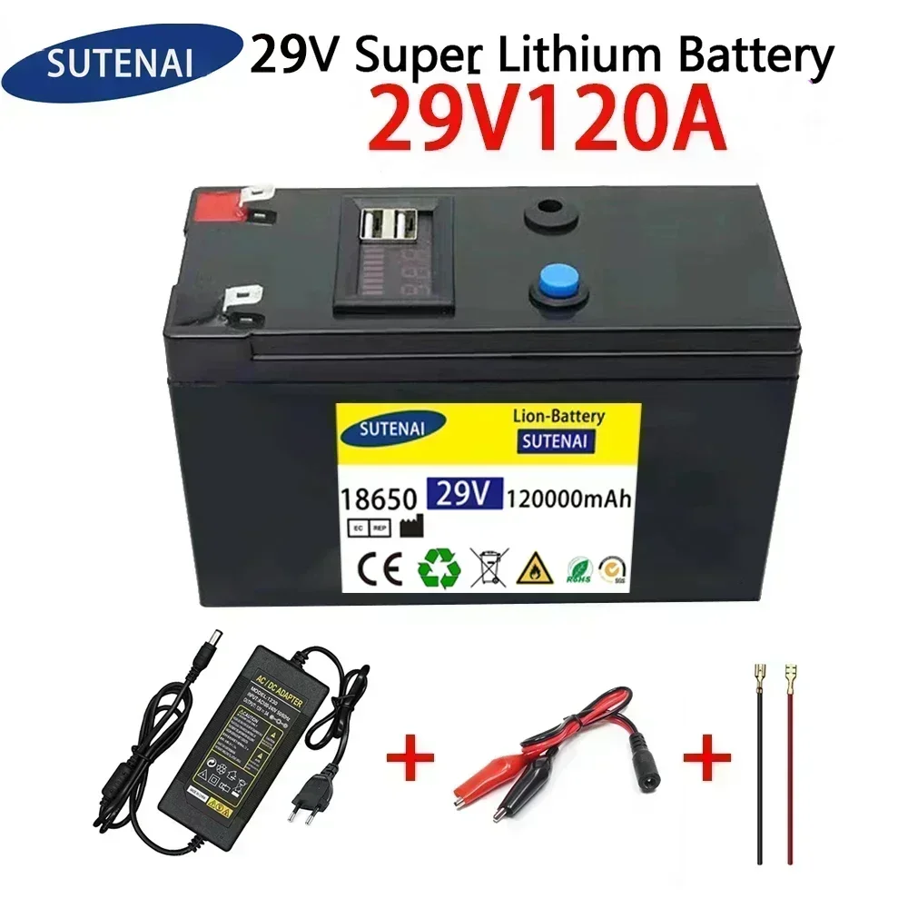 29 V Akku 120 Ah 18650 Lithium-Akku Wiederaufladbarer Akku für Solarenergie-Elektrofahrzeugbatterie + 29,4 V 2 A Ladegerät